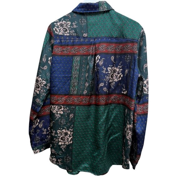 Pretty Little Thing Blouse Size 6 Blue Green Patchwork Print Oversized Button Up - Picture 4 of 9